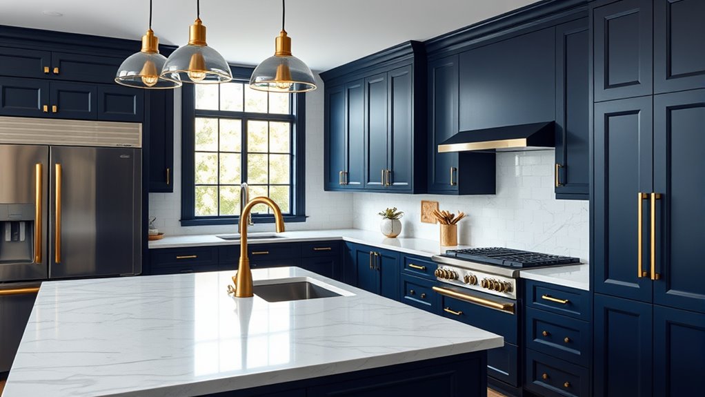 navy cabinets with metallic fixtures