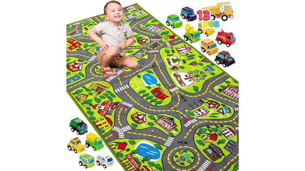 kids play rug with vehicles