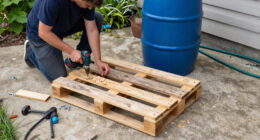 Man Uses Old Wood Pallets To Build A Backyard Rain Barrel Stand With An Impressive DIY